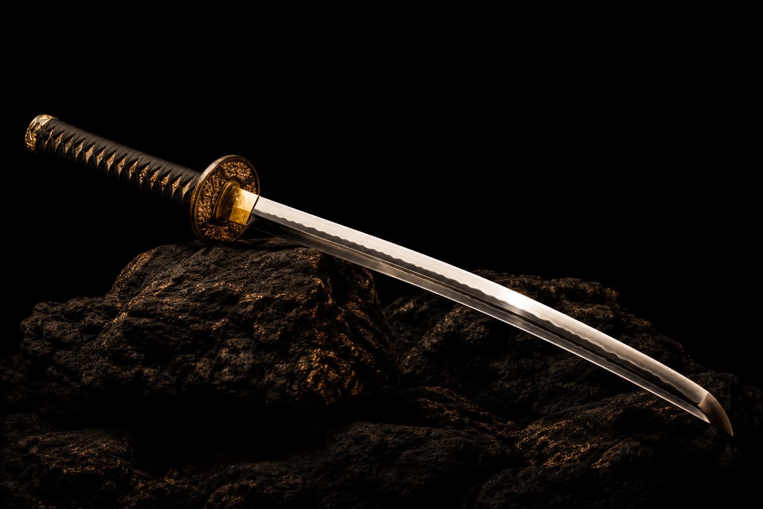 Gold fitted katana resting on black volcanic stone