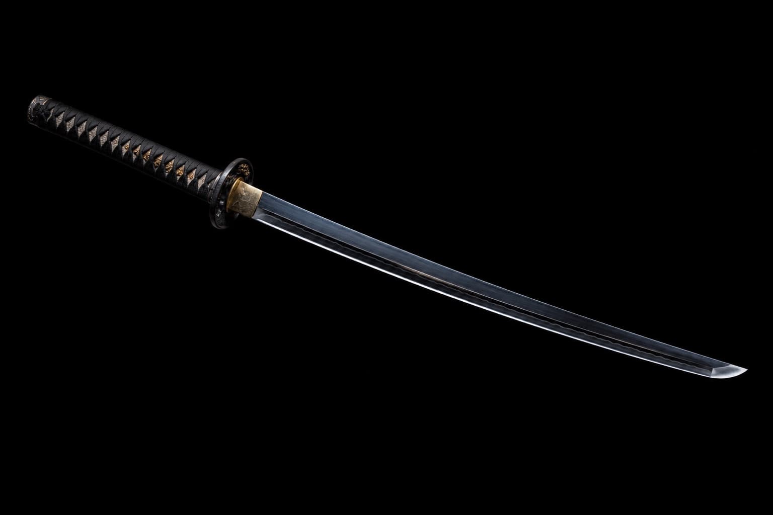 Blued steel katana floating diagonally in darkness